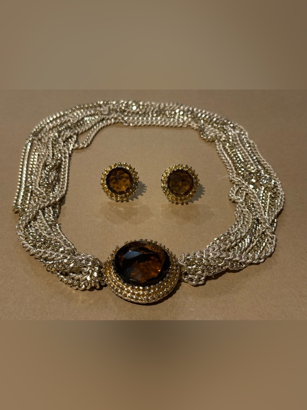 Vintage Gold-Tone Multi-Chain Necklace and Earrings Set with Glass Amber Stones